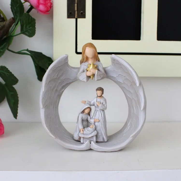 Description Picture 4 of itemAngelic Guardianship Nativity Statue Resin Manger Group Figurines Jesus Christian Catholic Religious Home Christmas Decorations
