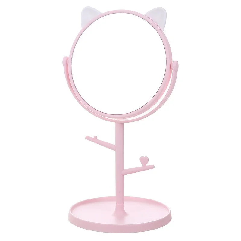 

DSHOU137 Pink Cat Ear Mirror Table Desktop Countertop Base Use for Bathroom Ordinary Makeup Mirror with Jewelry Cosmetic Shelves
