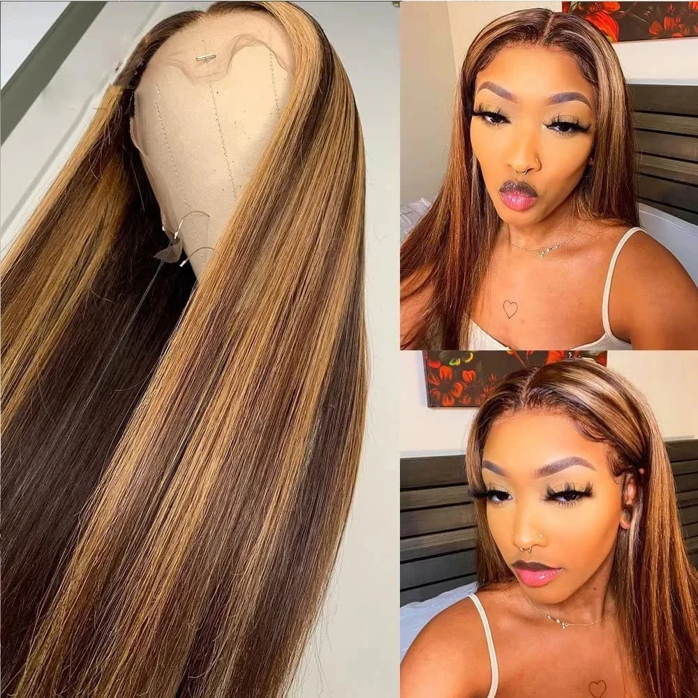360 Full Lace Wig 250 Density Highlight Human Hair Bone Straight HD Preplucked