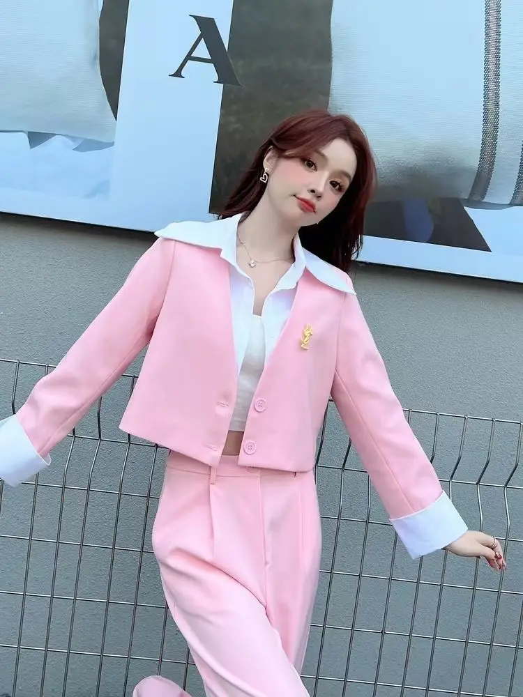 Korean Patchwork Long Sleeved Jacket Coat Casual Wide Legged Pants Two-piece Elegant Women's Pants Set Office Summer Outfits