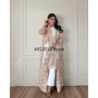 Autumn Women's Long Coat, Retro Printed Long Sleeved Muslim Abaya Saudi Fashion Wrinkled Waist Belt