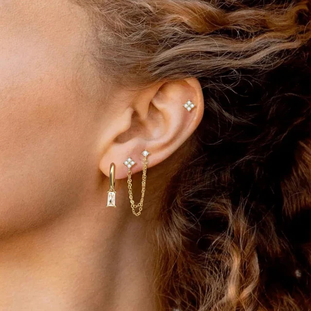 Boucles d'oreilles carrées suspendues en acier inoxydable, 2 pièces, pierre d'anniversaire de décembre, chaîne en zircone cubique, fleur, bijoux de perçage