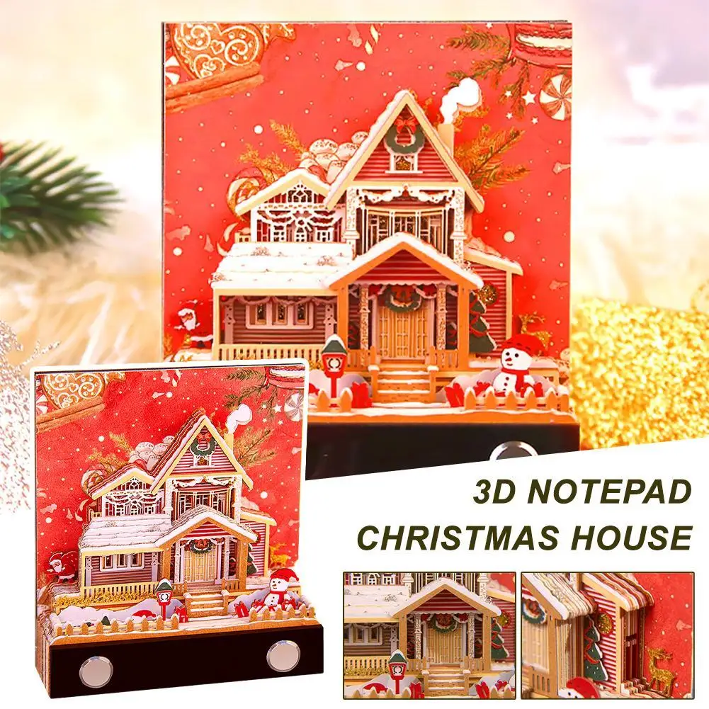 

3D Notepad Christmas House Sculpture Memo Pad Sticky Note Paper Carving Pad Xmas Souvenirs Paper Crafts Office Decor Tools