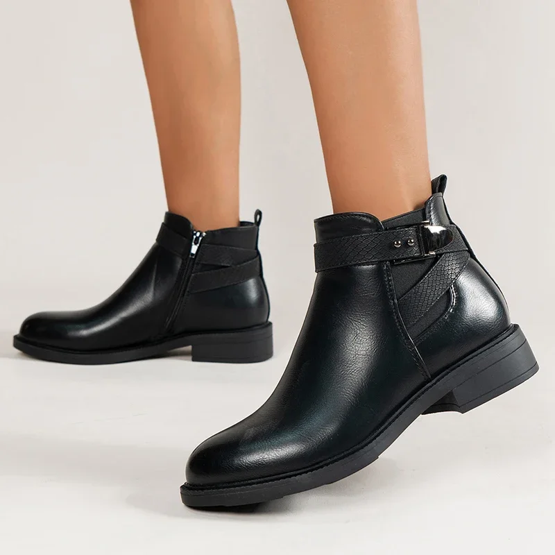 

Low Heels Black Ankle Boots for Women 2023 Autumn Pu Leather Platform Combat Boots Woman Punk Pointed Toe Motorcycle Short Boots