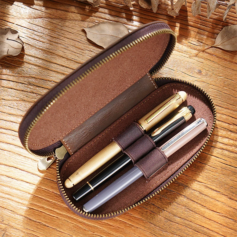 

Fromthenon Vintage Crazy Horse Multifunction Pen Case Oval Zipper Portable Pen Case School Office Stationery Supplies