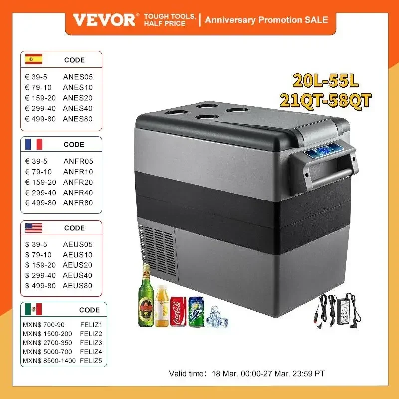 Vevor Frigorifero Per Auto 20L 22L 35L 45L 55L Mini Frigorifero Congelatore Compressore Portatile Cooler 12/24V Dc 110-240V Ice Box Per Il Campeggio