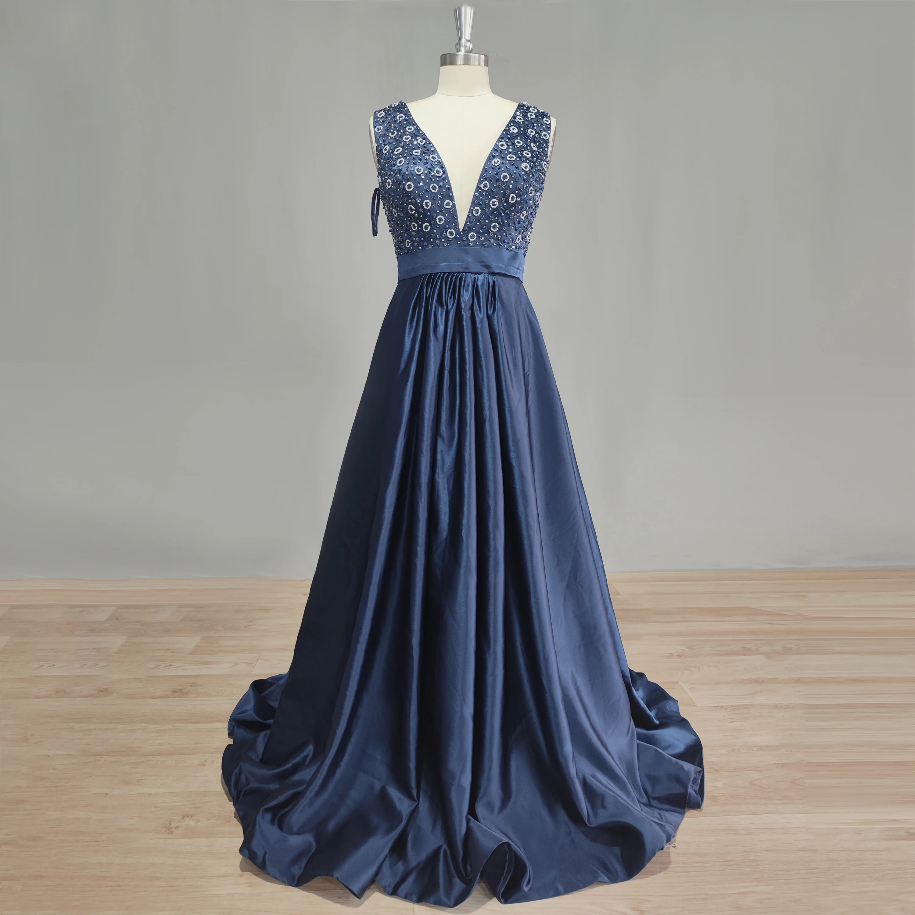 

DIDEYTTAWL Real Photos Navy Blue Sleeveless Beading Satin Prom Dress Deep V Neck A Line Open Back Evening Gown