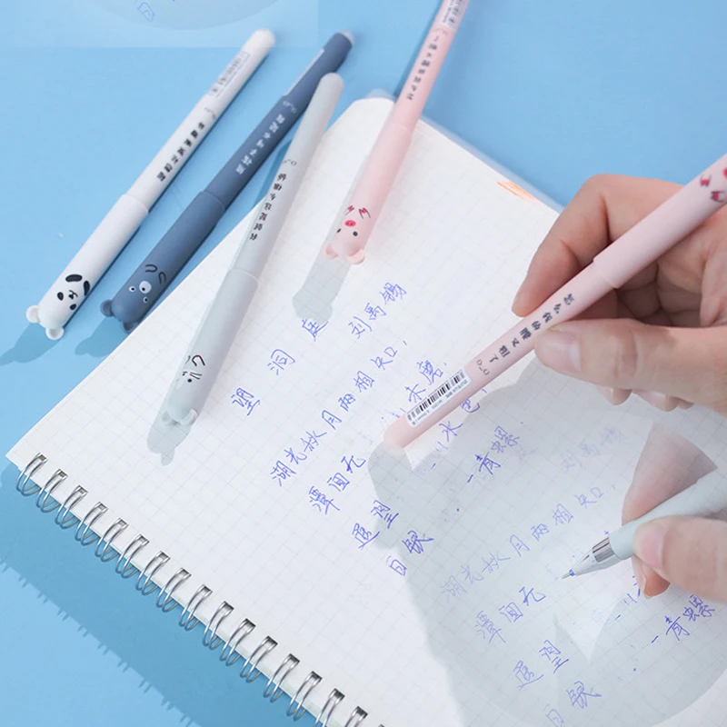 Gel Pens Kawaii Erasable Gel Pen Set Cartoon Animals Cute Cat Erasable Pen Refill Rod Washable Handle Grip School Stationery