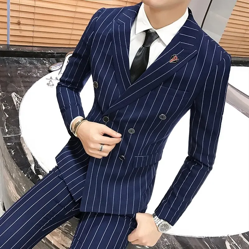 

Navy Blue Men's Suits Wedding Elegant Terno Double Breasted Peaked Lapel Trajes De Hombre 3 Piece Jacket Pants Vest Tailor Slim