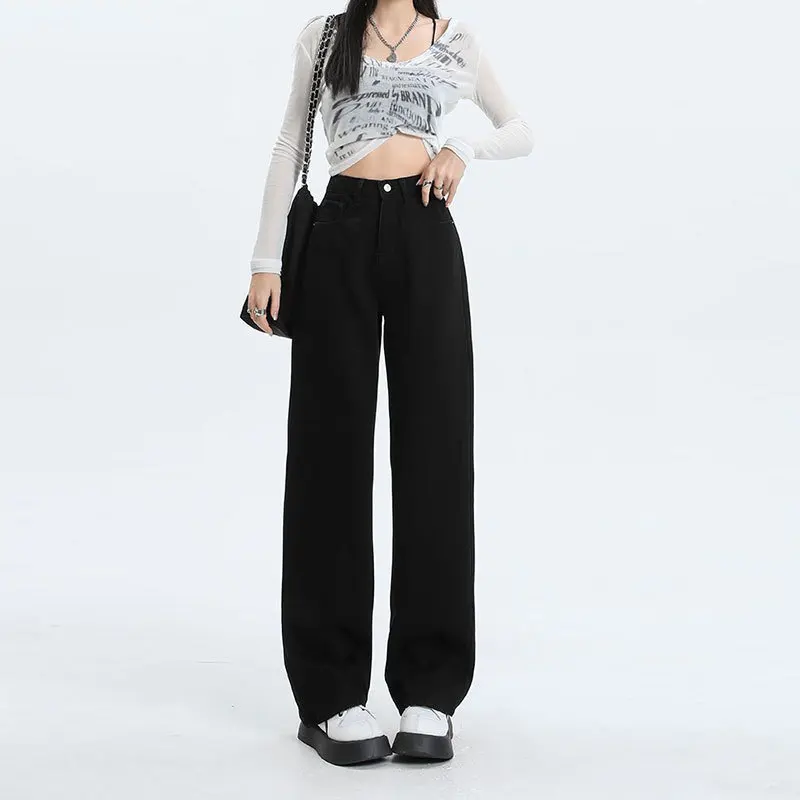 하이 웨이스트 블랙 스트레이트 레그 청바지 여성용 루즈 와이드 레그 팬츠 여름 신상 슬림핏 다용도 드레이프 캐주얼 바지