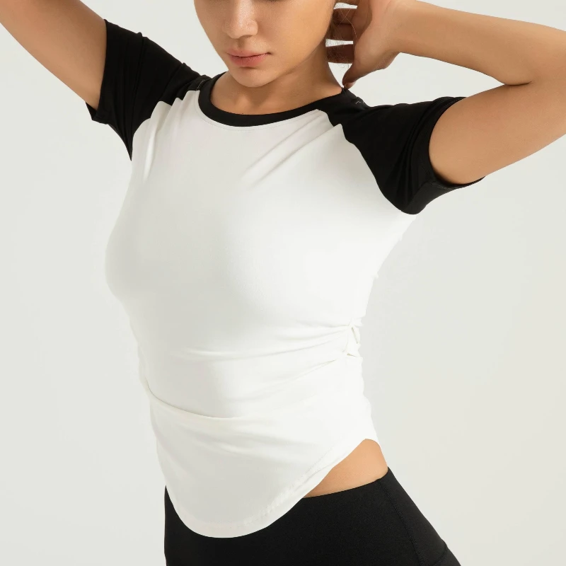 운동 스포츠 짐 셔츠 스포츠웨어 여성 요가복 액티브웨어 여성용 짐 컬러 매칭 허리 주름 반팔 티셔츠