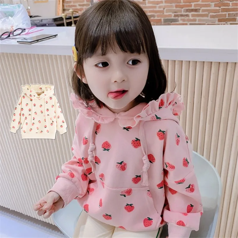 

Spring Autumn Baby and Girls Cotton Sweet Strawberry Ruffled Sweatshirt Jacket Kids Track Hoodie Child Jumper Coat Tops 1-9Years