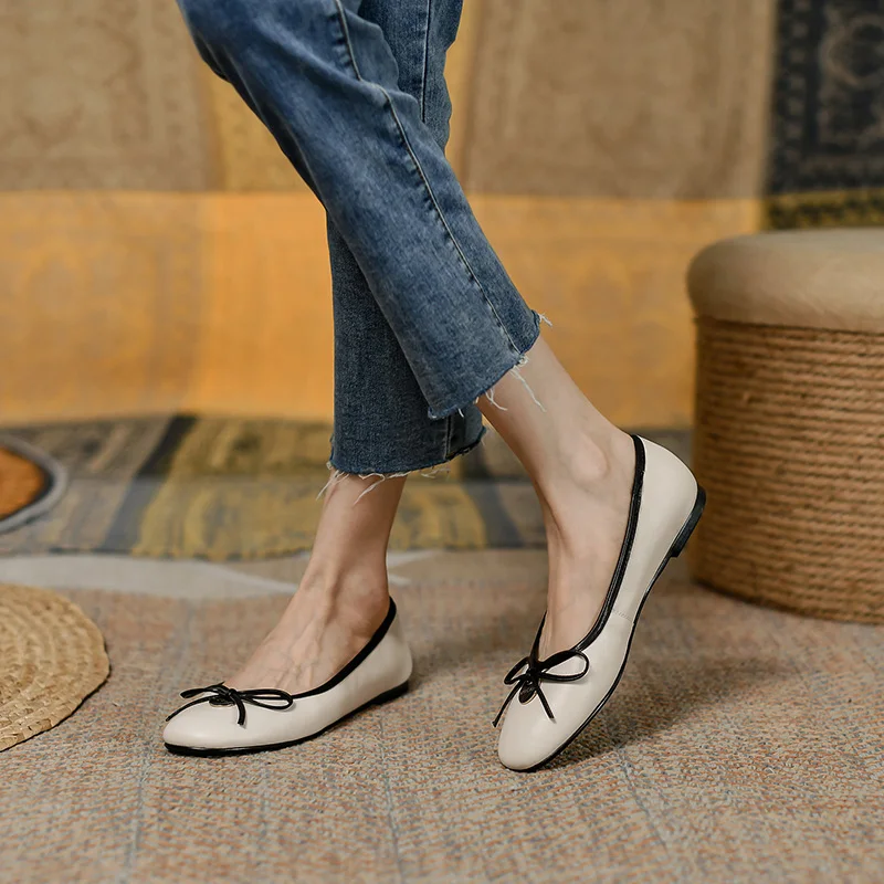 

2022 New Genuine Leather Women Shoes Casual Butterfly-knot Ballet Flats Comfortable Round Toe Slip-On Flats Zapatos De Mujer
