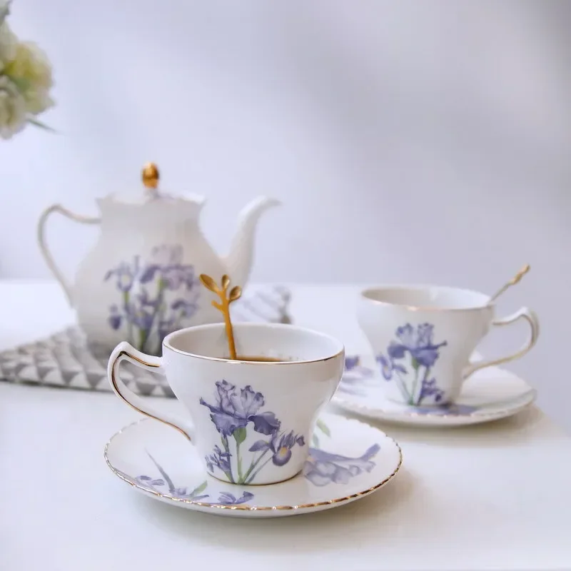 

Ceramic Teapot Coffee Cup Saucer Set European Style Light Luxury Alice Purple Iris Flower Phnom Penh Afternoon Tea Set Drinkware