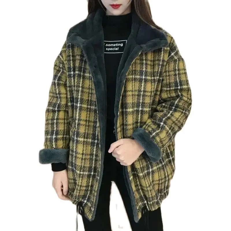 

Lattice Women's Woolen Coat Autumn Winter New Loose Short Add Velvet Thicken Fur Collar Fashion Elegant Ladies Woolen Jacket