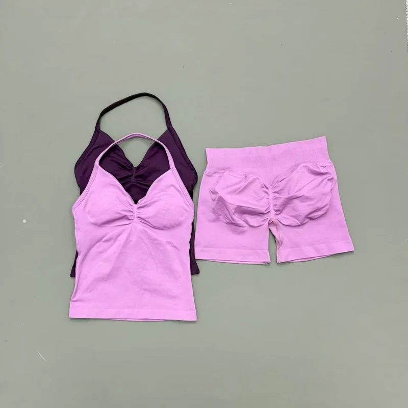2Pcs HISTELLO Yoga Set Women Halter Tank Top Scrunch Butt Lifting Shorts Ruched Anti Chafe Quick Dry Gym Workout Sports Set
