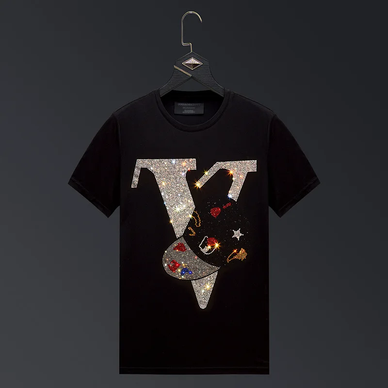

2023 Letter Rhinestones T Shirts Men Brand Short Sleeve Fashion Man Streetwear O Neck Slim Modal Cotton Tshirts Plus Size 7XL