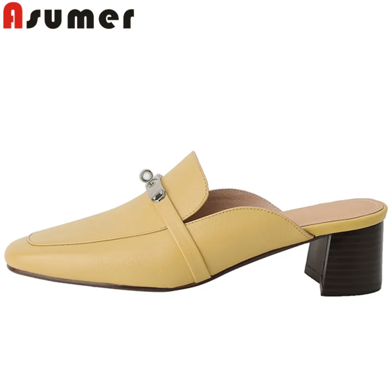 

ASUMER 2022 New Mules Genuine Leather Women Slippers Metal Decoration Thick Med Heels Slippers Simple Ladies Dress Shoes