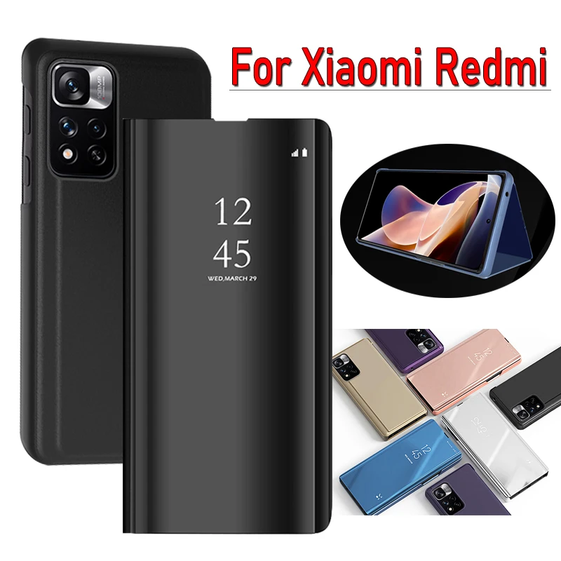 For Xiaomi Redmi Note 12 11 10 9 8 Pro Plus 8T 9S 10S 11S 12S Case on Redmi 12C 10C 9C NFC 9A A1 K60 Pro Flip Mirror Stand Cover