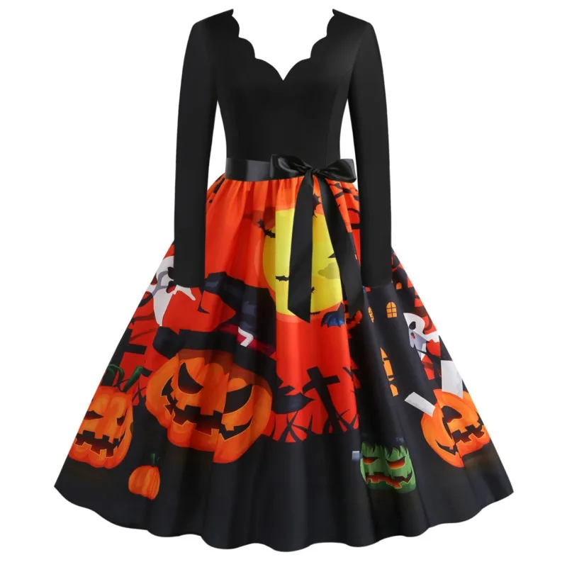 

Halloween Women's Fashion Long Sleeve 2023 Autumn/Winter Mid Waist V-Neck Funny Print Retro Swing Dresses With Black Ribbon