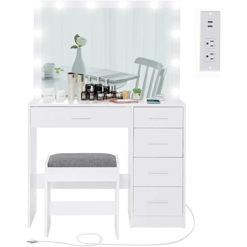 

Makeup Vanity with 12 Lights, Vanity Desk with Power Outlet, Makeup Vanity Table with 5 Drawers, Large Mirror