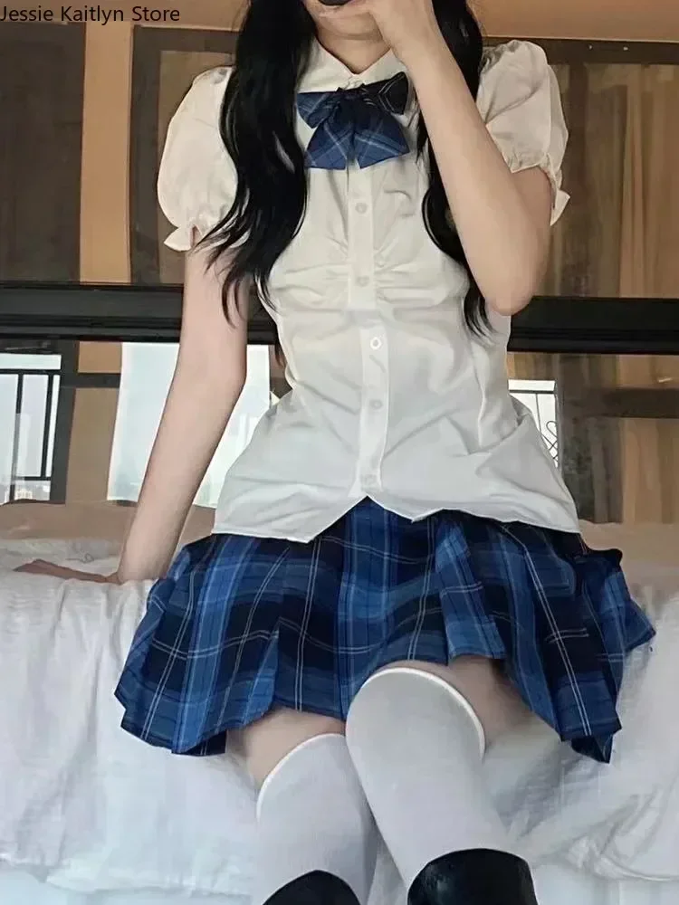 

Костюм для косплея клетчатый кавайный комплект белая женская аниме рубашка Униформа Милая школьная и японская Милая Корейская плиссированная
