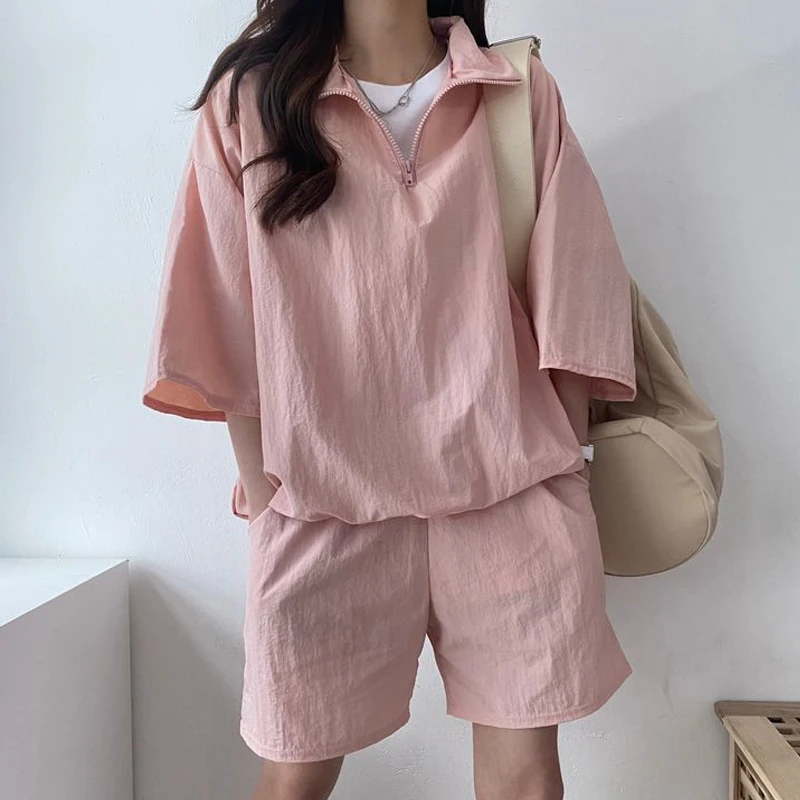 Solid Women\'s Sports Suit Turn-Down Collar Half Sleeve Tops And High Waist Shorts Two Piece Set New Female Summer Outfit