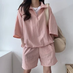 Solid Women's Sports Suit Turn-Down Collar Half Sleeve Tops And High Waist Shorts Two Piece Set New Female Summer Outfit