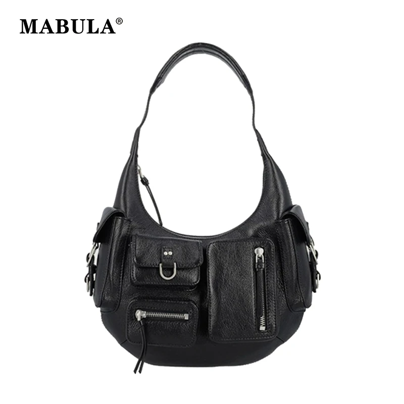 

MABULA Cool Style Punk Rock Shoulder Bag For Woman Multi Pockets Black Genuine Leather Female Handbag Halloween Hobo Purse