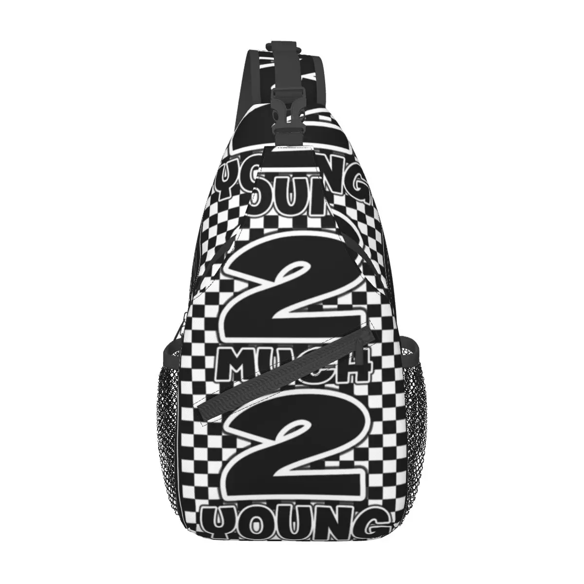 thumbnail image 1 of 2 Much 2 Young - Riñonera unisex con diseño de cuadros ska y música rock en dos tonos, 1 of 4
