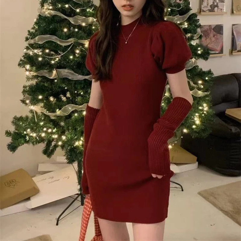 

Red Knitted Dress for Women in Autumn 2023 New Style Wear with Pure Desire Bubble Sleeves Underlay and Wrap Hip Skirt Y2k Dress