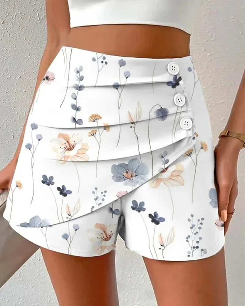 

Floral Print Side Button Ruched Shorts Women New Spring Summer High Waist Shorts Pants Sexy