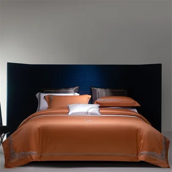 Svetanya Orange Egyptian Cotton Satin Jacquard Embroidery bedding set King Queen Bed Lines Elastic Sheet Pillowcase Duvet Cover
