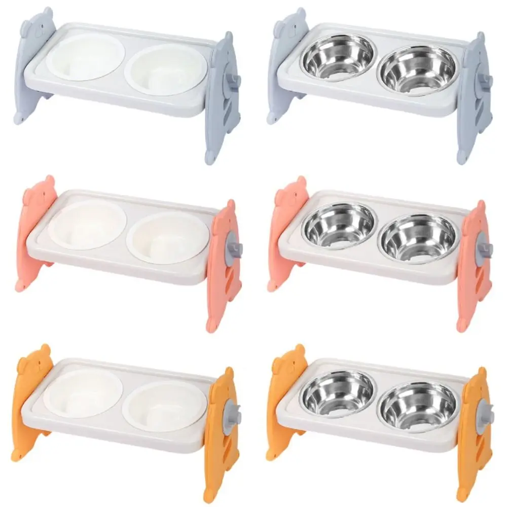 Double Bowls Pet High Footed Bowl 15 ° Slant Adjustable Height Cat Food Water Bowl Non-Slip Protect Cervical Spine