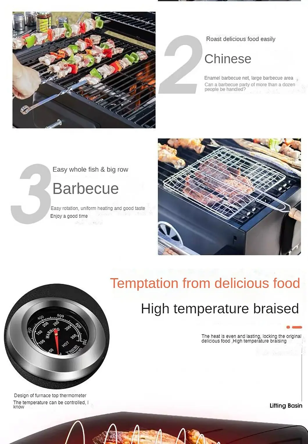 New Oil Drum Barrel Outdoor Charcoal Barbeque BBQ Grills Backyard Party Barbecue Smoker with Rotisserie Roast Chicken Rack