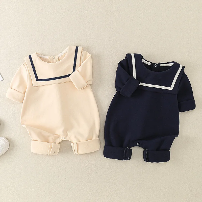 Spring Newborn Baby Girls Boys Cotton Romper Navy Style Baby Long Sleeve Outfit Infant Baby One Piece Bodysuit  0-2Y