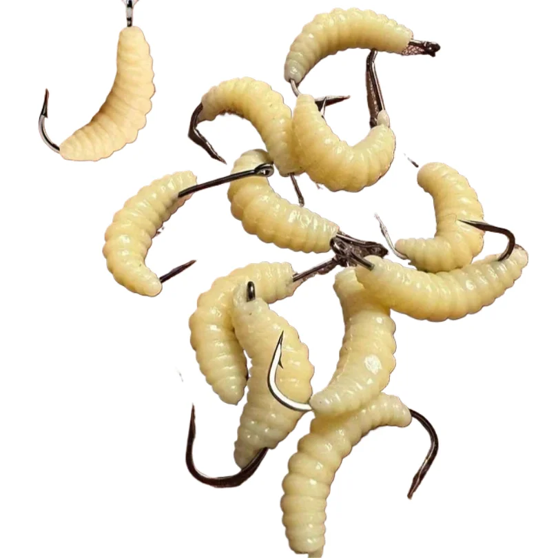 Rubber Maggots Bait Set With Hooks - Versatile Grub Lures Bass,Trout,Crappie,Bluegill,Ideal For Freshwater Fishing_voghion.com