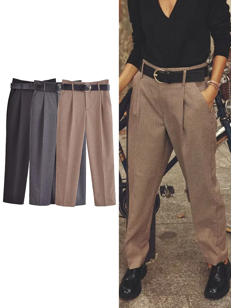 

TRAF Fashion Women Plaid Pants With Belt Autumn Winter 2023 Office Ladies Causal Chic Simple Straight Pants Three Colors