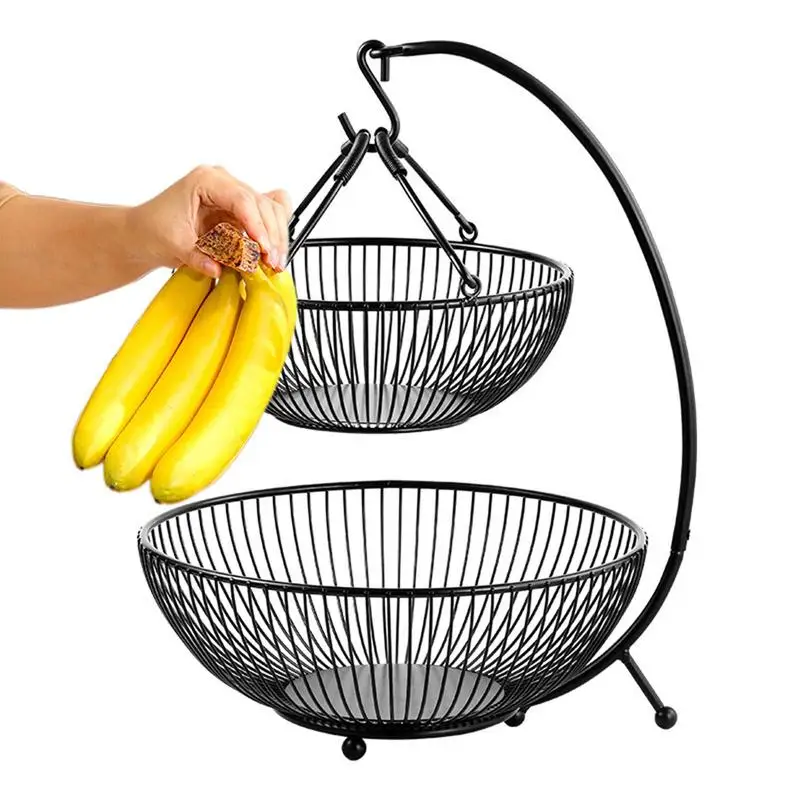 

Kitchen Fruit Basket Stand Countertop Vegetable Basket With Banana Hanger Metal 2-Tiered Fruit Basket Handheld Detachable