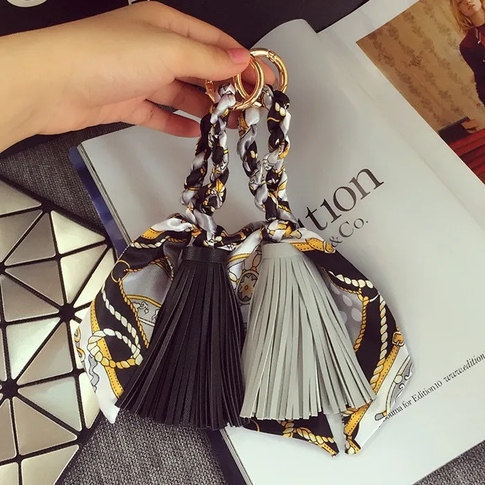Fringed Leather & Silk Scarf-Inspired Bag Charm with Keychain