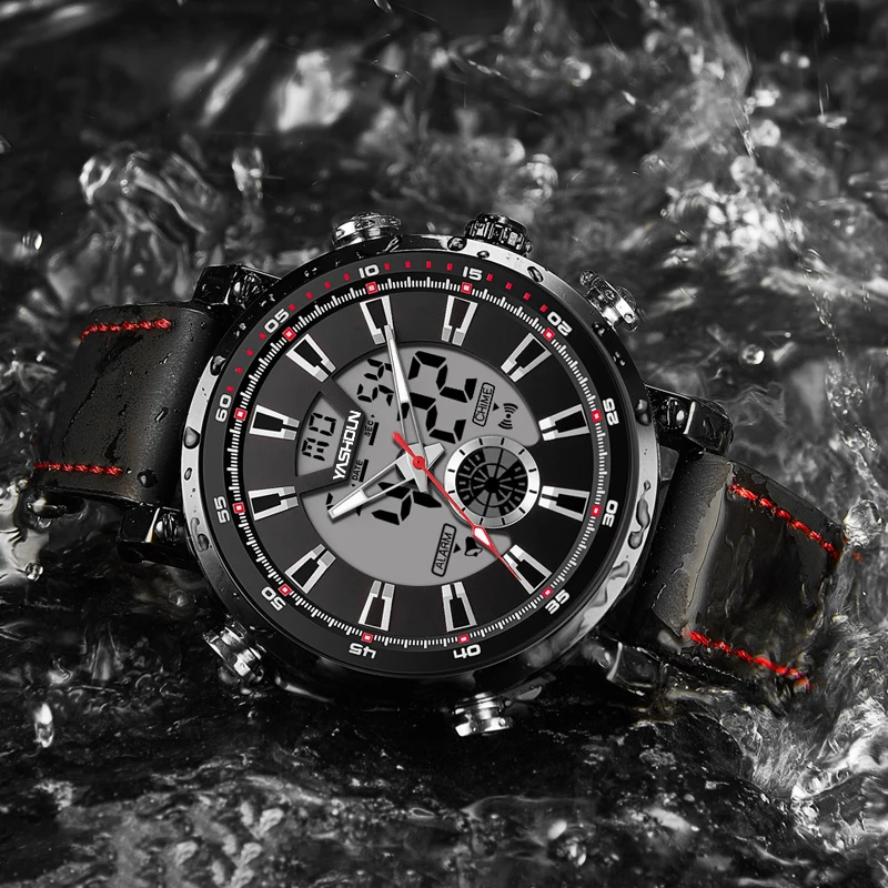 Dual Display Big Dial Waterproof Watches Men Digital Chronograph Leather Watch Male Quartz Clock Relogio Masculino