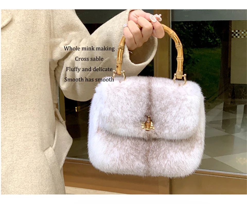 Premium-Qualität Natürliche Nerz-Damenhandtasche Modische Neue Damen-Bambus-Umhängetasche Trendige Flauschige Fell-Handtasche – Detail 2
