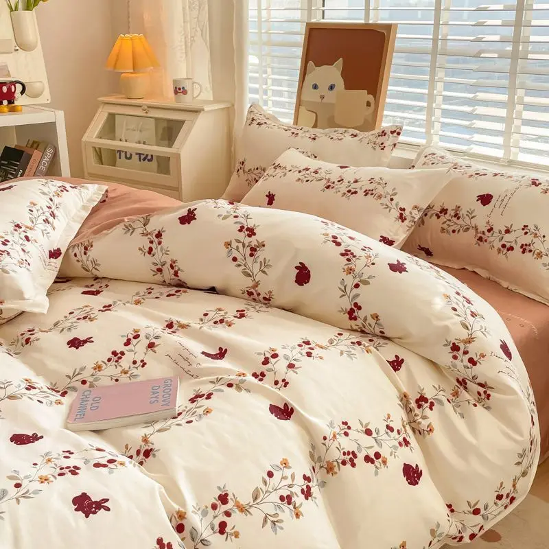 

Washed Cotton Four Piece Bed Ins Style Girl Heart Quilt Cover Bed Sheet Countryside Style Broken Flower Quilt Cover Dormitory