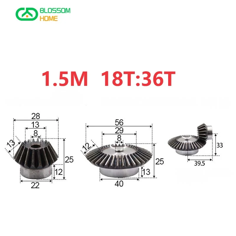 Transmission gear 1.5M 1:2 bevel gear 15T 16T 18T 20/30/32/36/40 teeth straight bevel gears 90 degrees drive