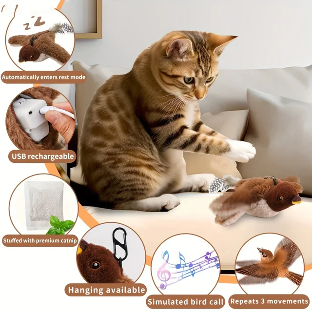 Remote Control Cat Toy Interactive Electric Fluttering Sparrow Realistic Bird Movements Engaging Pet Play Accessory 6
