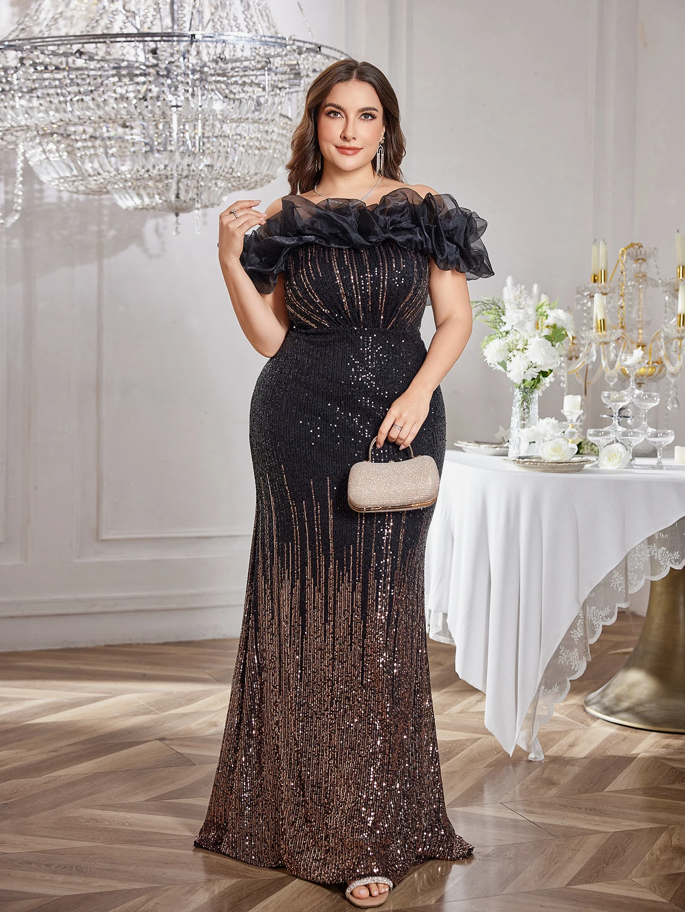 فستان سهرة كتف واحد ترتر متدرج