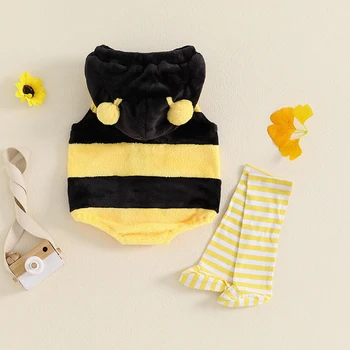 2024-06-24 Lioraitiin 0-24M Baby Bee Costume Sleeveless Hooded Romper Long Socks Set Infant Halloween Costume Newborn Outfit 2