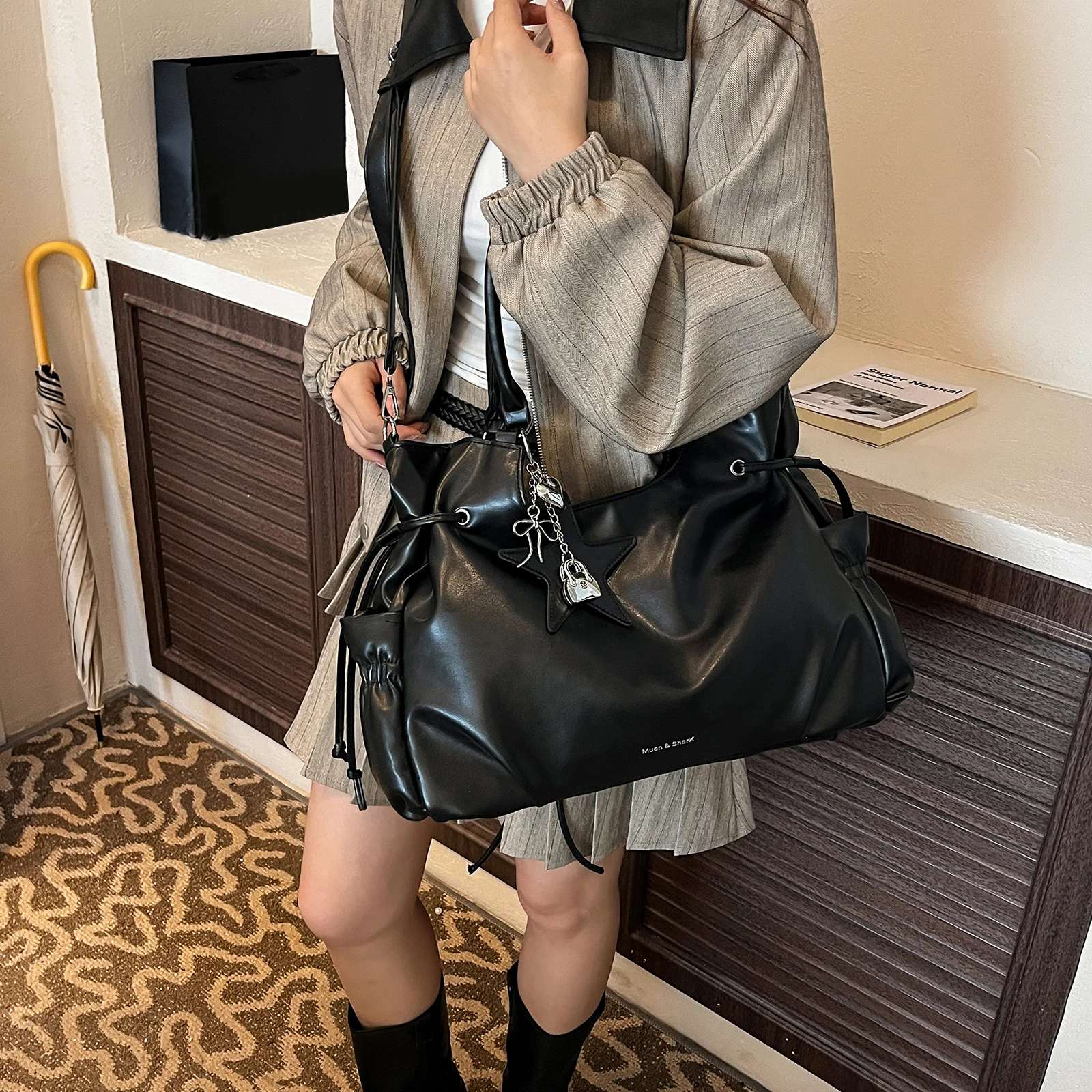 PU Hobo Shopper Bag Large Capacity Tote Handbag Solid Color Travel Tote Bag Roomy for Women Ladies Travel Commuting