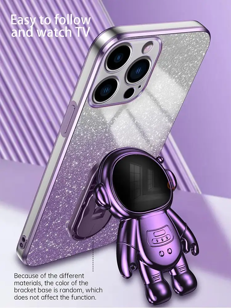 Support d'astronaute plaqué paillettes, Cae pour Iphone 15 14 13 12 11 Pro Max, Mini support, housse en Silicone sur Apple X Xr 6 7 8_voghion.com