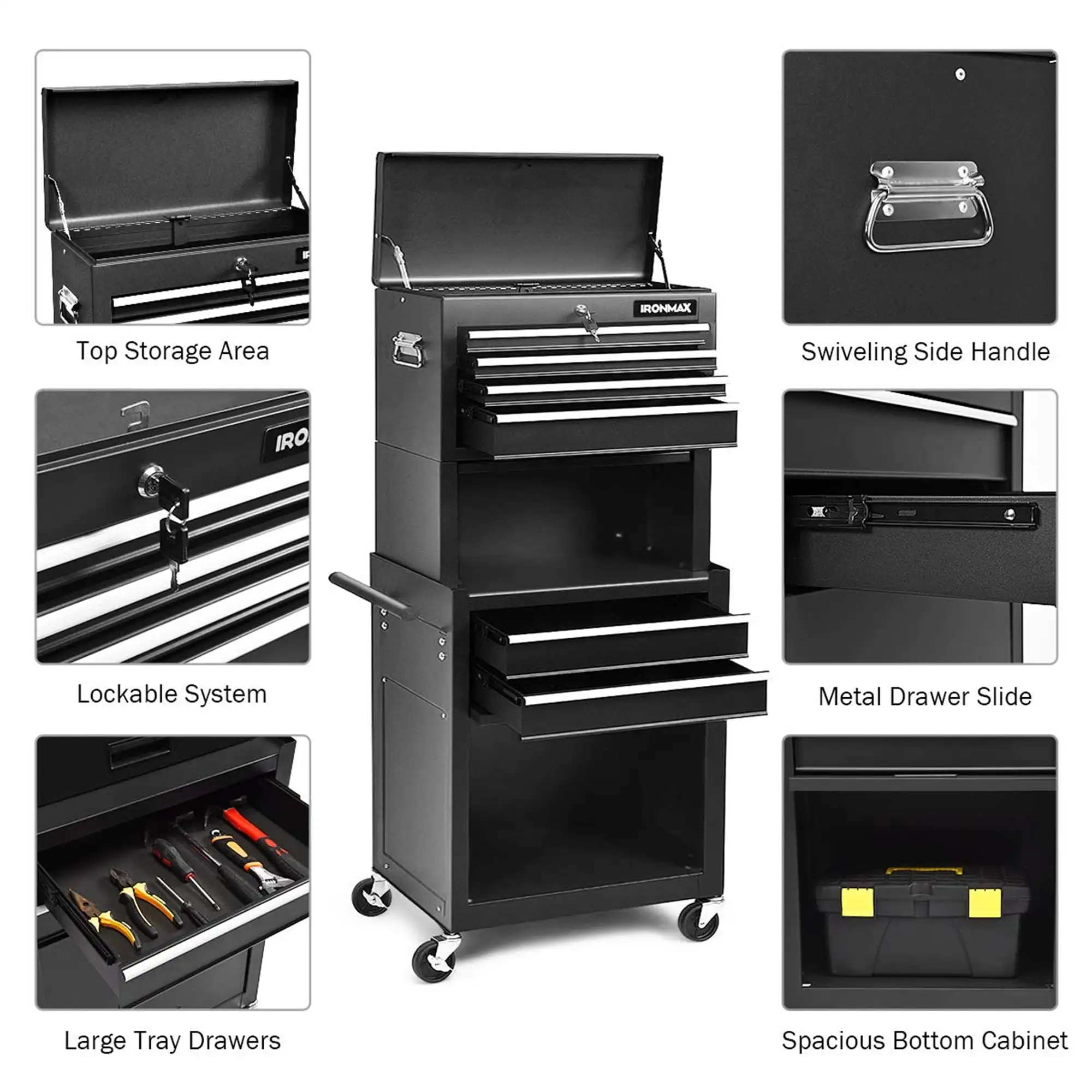 Rolling Tool Box, 3 in 1 Steel Tool Chest with 6-Drawer & 2 Cabinet for Workshop Garage Black Upgraded Large Capacity 6